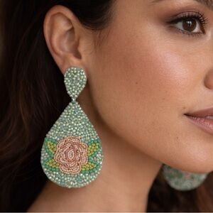 Kay Lee New York | Handmade Beaded Floral Teardrop Statement Earrings - Boho NWT